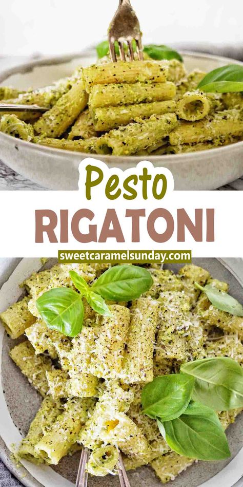 Fork being pushed into pesto rigatoni in grey bowl with basil leaves. Text is written between 2 images. Pesto Rigatoni Recipes, Rigatoni Pesto Pasta, Pesto Rigatoni, Popular Pasta Recipes, Homemade Basil Pesto, Ground Beef Pasta Recipes, Rigatoni Recipes, Creamy Pesto Pasta, Healthy Pasta Dishes