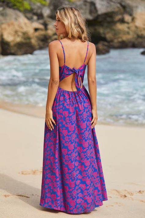 Floral Print Knotted V-Neck Maxi Dress Knotted Maxi Dress, Purple Long Dress, Holiday Beach, Floral Fit, Beach Wear Dresses, Women's Wardrobe, Printed Maxi, Club Dresses, Beach Dresses