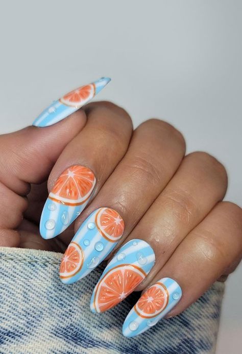 summer nails, citrus nails, bright summer nails, yellow nails, fruit nails, summer nail art, nail art, summer nail designs, citrus nail art, summer nails trend Citrus Nails, Summer Nails Coffin, Fruit Nail Designs, Fruit Nails, Food Nails, Fruit Nail Art, Watermelon Nails, Ongles Nails, Different Nail Designs