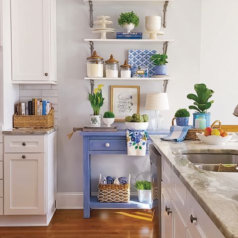 Yellow And Blue Kitchen, Blue Kitchen Accessories, Blue Console Table, Light Blue Kitchens, Sunflower Kitchen Decor, Yellow Kitchen Decor, Blue Kitchen Decor, White Floating Shelves, Sunflower Kitchen