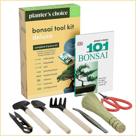 Planters' Choice Premium Bonsai Tool Kit + Bonsai 101 Book -Set Includes:Wooden Rake, Long & Wide Spades, Scissors, Tweezers, Bonsai Care, Bonsai Tools, Bamboo Brush, Garden Hand Tools, Bonsai Garden, Garden Kits, Gardening Fork, Pruning Shears, Back To Nature