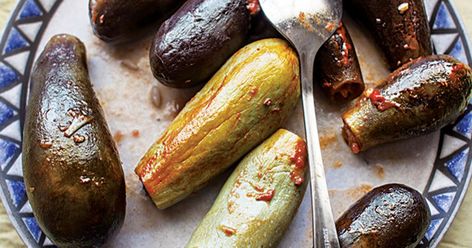 Petite eggplants are stuffed with a mixture of spiced lamb and rice for this rustic Lebanese dish. Arabisk Mad, Lamb Patties, Stuffed Eggplant, Small Eggplant, Lebanese Cuisine, Lamb Stew, Egyptian Food, Ground Lamb, Lebanese Recipes