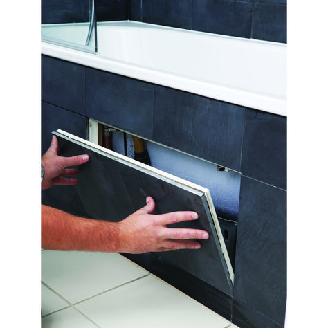 The Lift Off Tile Door provides a high quality opening for access to building services in ceramic tiled walls. Each panel is made to suit the individual tile and combination of tiles being used. This ensures no unsightly tile cuts or visible frames to disrupt the overall tiled finish. #AccessPanels #Accesspanelsideas #accesspanelscovers #accesspanelsforplumbing #accesspanelsfortubs #panelsforbathroomwalls #diyprojects #homedécor #Tiledoor Bathtub Access Panel, Tiled Bath Panel, Bath Panel Storage, Bathtub Tile Surround, Hidden Toilet, Bathroom Tub Shower, Bathtub Tile, House Cladding, Bathtub Remodel