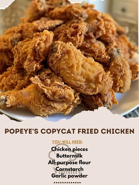 🍗🎉 Crispy, juicy Popeye's CopyCat Fried Chicken at home! Bring the taste of Louisiana to your kitchen. #FriedChicken #HomeCooking Popeye's CopyCat Fried Chicken Recipe Recreate the iconic taste of Popeye's fried chicken with this easy recipe that delivers crispy and flavorful results. Ingredients: Chicken pieces (legs, breasts, thighs): 1 kg Buttermilk: 500ml All-purpose flour: 250g Cornstarch: 50g Garlic powder: 10g Onion powder: 10g Paprika: 5g Cayenne pepper: 5g White pepper: 5g Salt: ... Copycat Fried Chicken, Popeyes Spicy Chicken Recipe, Popeyes Fried Chicken, Spicy Chicken Recipes, Chicken Recipies, Fried Chicken Recipe, Chicken Pieces, Food Stories, Fried Chicken Recipes