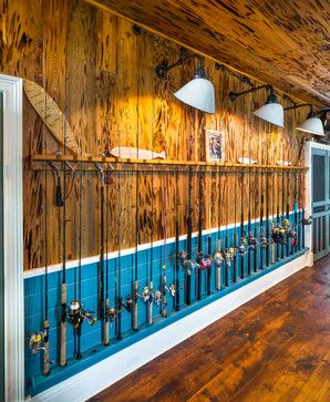 Eclectic Home Design Ideas, Pictures, Remodel and Decor Hobby Lobby Fishing Decor, Fishing Tackle Room, Fishing Man Cave, Hunting Room Ideas Man Caves, Houseboat Decor, Hunting Shack, Fishing Cabin Decor, Fishing Pole Storage, Bait Shop