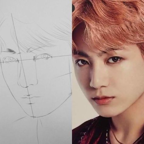 💟💜kookie (Jungkook )💜💟 Face Step By Step, Perpendicular Lines, Seni Korea, Drawing Tutorial Face, Bts Art, Kpop Drawings, Portrait Sketches, Pencil Art Drawings, Bts Drawings