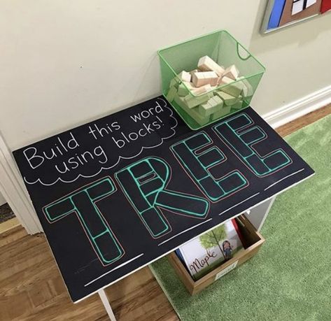 Great idea for reinforcing spelling. Getting reluctant boys interested in literacy. New idea for block play. What other words could they build? Can they build the alphabet? Trees Science Activities Preschool, Trees Preschool, Tree Preschool, Block Center Preschool, Tree Unit, Chalk Table, Creative Curriculum Preschool, Blocks Preschool, Teach Preschool