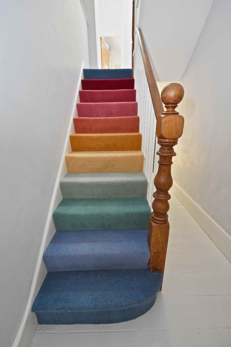 6-034 wool rainbow carpet Bowloom Wool Carpets fitted in London. Rainbow Carpet, Rainbow Interior, Staircase Interior, Contemporary Stairs, Hall Carpet, Carpet Fitting, Stair Rods, Silk Rugs, 1930s House