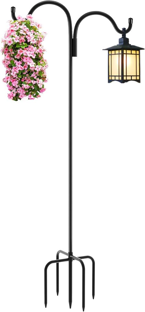 【SIZE INFORMATION】The height of the two sided shepherd hook is about 92 inch, and the width is 22 inch. The bird feeder pole is made of 1.5 mm thick steel pipe with double hooks. Our plant hanger is made of high quality iron, the black coating on the surface is rust resistant. The height of the shepherds hook for bird feeder can be adjusted by adding or reducing the pole sections, each pole section is 16 inch. So you can adjust the height to 76inch, 60inch and 44 inch. 【5 PRONGS ARE MORE STABLE】The upgraded garden hook for hanging plants has 5 Prongs, which means that compared with the traditional two prongs, the stability and versatility will be enhanced, and the double arm shepherd hook can be kept upright. The shepard hooks for outdoor can be easily inserted into the ground just step on Bird Feeder Poles, Garden Hooks, Hummingbird Feeder, Wedding Lanterns, Shepherds Hook, Humming Bird Feeders, Hanging Plant, Flower Ball, Hanging Flowers