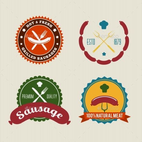 Sausage Badges Vintage Vector Set Sausage Logo Design, Sausage Logo, Beer Coasters, Retro Background, Symbol Logo, Sausages, Dog Photos, Logo Templates, Vector Design