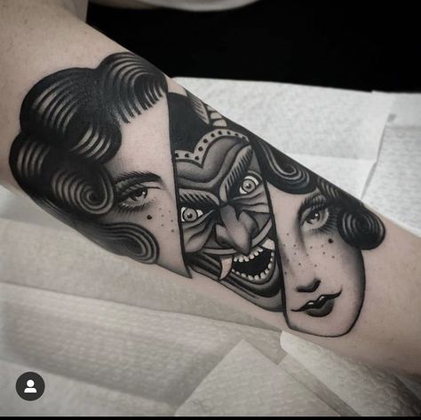 Minimal Traditional Tattoo, Evil Face Tattoo, Devil Woman Tattoo, American Traditional Lady, Face Tattoo Ideas, Old School Tattoo Sleeve, Evil Face, Lady Tattoo, Traditional Black Tattoo