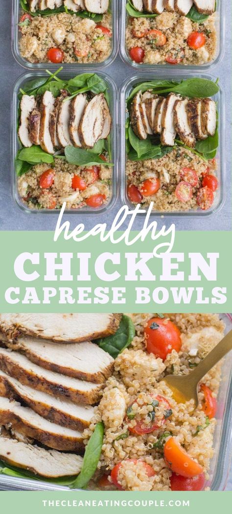 Quinoa Meal Prep Lunch Ideas, Quinoa Meal Prep, Caprese Quinoa, Healthy Grilled Chicken Recipes, Chicken Caprese, Clean Eating Guide, Delicious Clean Eating, Prep Bowls, Power Bowls