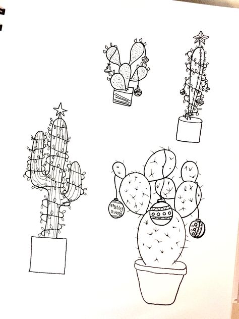 Just a fun way to draw cactus when you get tired of the same ole Christmas tree! Christmas Plant Drawing, Christmas Cactus Drawing, Cactus Christmas Wallpaper, Cactus Pen Drawing, Draw Cactus, Cactus Christmas Trees Drawing, Cactus Christmas Card, Succulent Ornament, Holiday Cactus Illustration