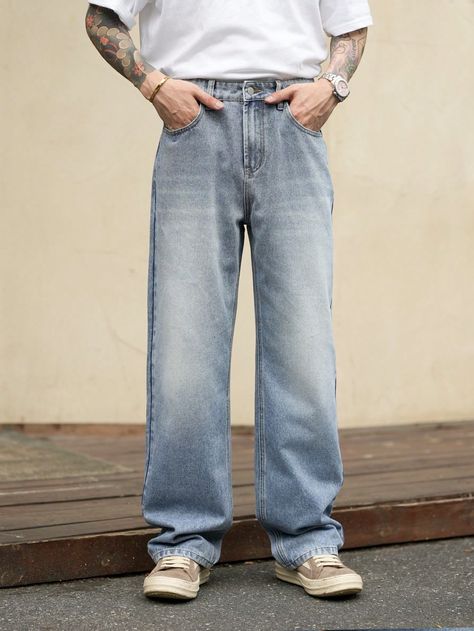 Men Y2K Vintage Washed Loose Wide Leg Light Blue Denim Baggy Jeans Light Wash    Denim Plain Wide Leg Non-Stretch  Men Clothing, size features are:Bust: ,Length: ,Sleeve Length: Light Wash Jeans Men, Y2k Jeans Men, Denim Baggy Jeans, Estilo Y2k, Y2k Jeans, Y2k Vintage, Jeans Men, Jeans Light, Light Blue Denim