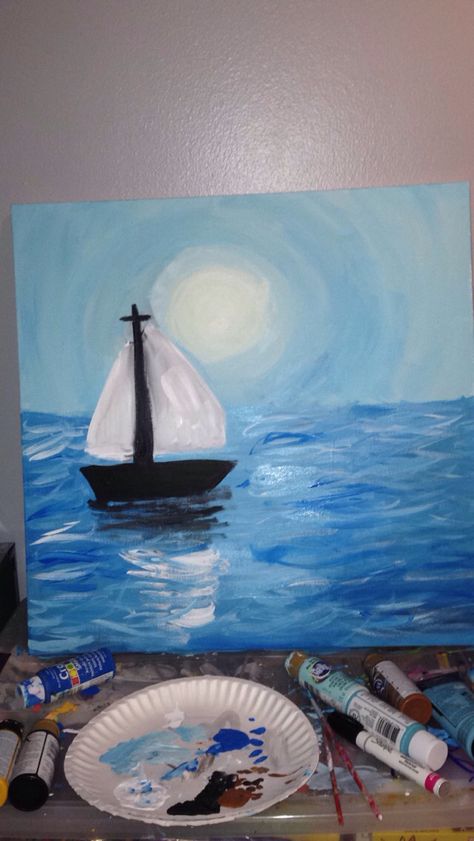 Painting Boat Easy, Boat Painting Easy, Boat Painting Simple, Paiting Aesthetic Ideas Easy, Boat Painting Acrylic, Boats Painting, Painting Boats, Church Painting, Artsy Crafts