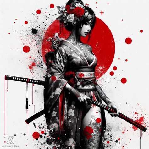 Female Samurai Tattoo, Japanese Art Samurai, Samurai Artwork, Geisha Art, Japanese Art Prints, Samurai Tattoo, Samurai Art, Black White Art, Art Academy