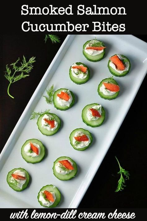 Pressed for time and need a quick pre-dinner finger food? Here's your answer. These Smoked Salmon Cucumber Appies are fresh, crisp and flavourful. Simply slice a Long English cucumber, add a dollop of cream cheese flavoured with lemon and dill and top it off with a tiny slice of smoked salmon. #easy #appetizer #fingerfood #canapes #quickandeasy Gluten Free Finger Foods, Smoked Salmon Cucumber, Salmon Cucumber, Smoked Salmon Cream Cheese, Salmon Appetizer, Canapes Recipes, Smoked Salmon Recipes, Cucumber Bites, Finger Foods Easy