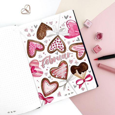 Anne on Instagram: “coverpage love on a stick for the February cover. I'm a bit surprised myself by so much heart and pink, but both..." Journal Pink Theme, February Bujo, February Bullet Journal, Bullet Journal Cover Page, Bullet Journal Cover Ideas, Pretty Planners, Kitty Drawing, Bullet Journal Diy, Hello Kitty Drawing