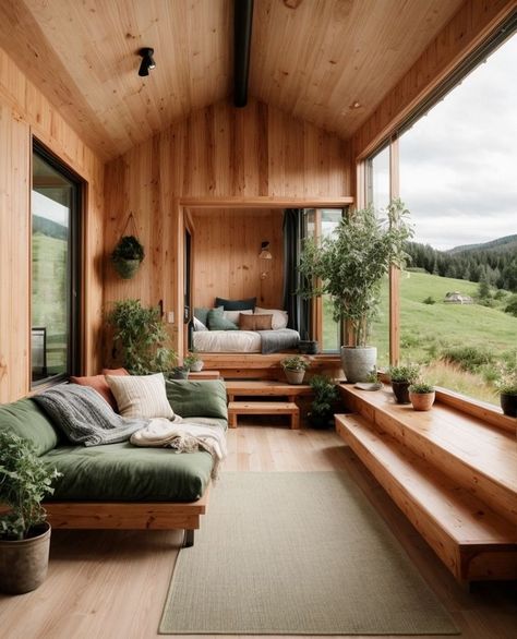 Tiny Home Windows, Tiny House With Big Windows, Wooden Cabin Interior Design, Wooden Cabin Design, Scandinavian Interior Tiny Home, Living Room Designs With Big Window, Tiny House Big Windows, Scandinavian Tiny House Interior, Nature Inside Home