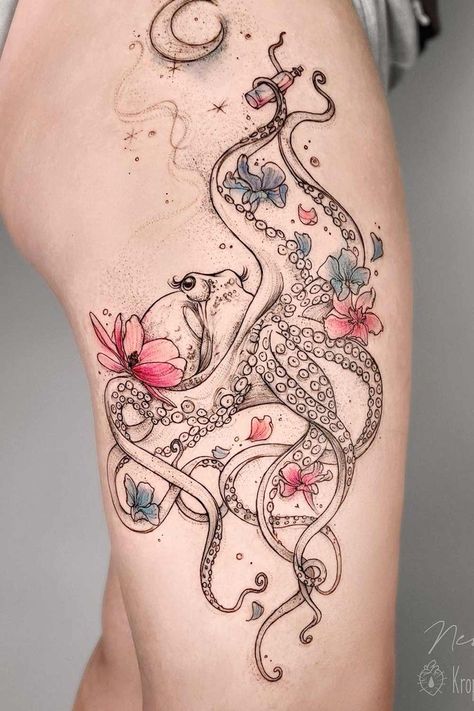 Finalize your Octopus Tattoo Hunt with the Most Inspiring Ideas ★ Watercolor Accent Octopus Tattoo Down Neck Tattoo, Behind Leg Tattoo Thighs, Floral Octopus, Seahorse Tattoos, Octopus Thigh Tattoos, Small Octopus Tattoo, 1975 Tattoo, Holiday Tattoo, Octopus Tattoo Sleeve