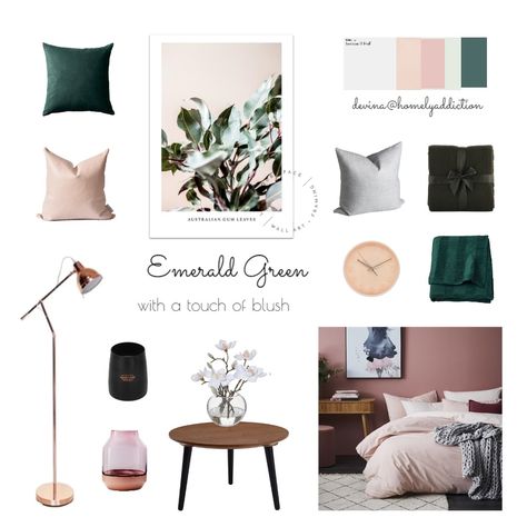 View this Interior Design Mood Board and more designs by HomelyAddiction on Style Sourcebook Green Bedroom Mood Board, Bedroom Emerald Green, Hygge Bedroom Decor, Emerald Green Bedroom, Emerald Bedroom, Emerald Green Bedrooms, Mood Board Bedroom, Green Moodboard, Bedroom Mood Board