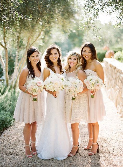 Three maids Bride And 3 Bridesmaid Pictures, Three Bridesmaids, Bridesmaids Boho, Wedding Photos Bridal Party, 3 Bridesmaids, Neutral Wedding Inspiration, Bridesmaid Pictures, Ojai Valley, Wedding Bridesmaids Dresses Blue