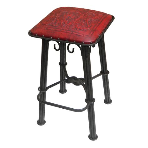 Western Iron Counterstool & Barstool, Colonial, Red - New World Trading Stool Upholstery, Counter Stools With Backs, Black Forest Decor, Iron Stools, Rustic Bar, 30 Bar Stools, Western Furniture, Stools With Backs, Saddle Leather