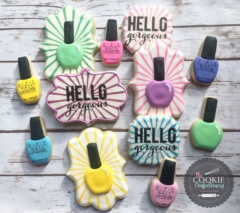 Nailpolish cookie theme by The Cookie Confectionery Temecula, Ca Cookies Theme, Hello Nails, Cookie Business, Nail Polish Bottles, Cookies Decorated, Cookie Designs, Beauty Spa, Royal Icing, Nail Lacquer