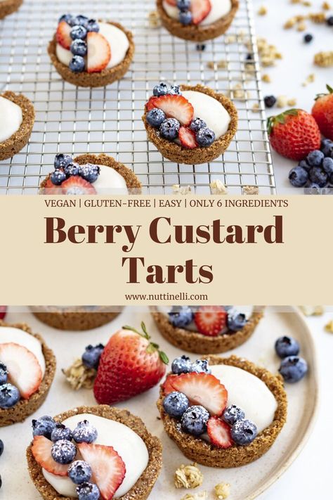 These vegan fruit tarts are completely gluten-free, easy-to-make, have minimal added sugar, and are absolutely delicious! They are the perfect dessert for Mother’s Day, Father’s Day, or just the summer in general! #nuttinelli #vegandesserts #veganfruittarts #glutenfreedesserts #glutenfreefruittarts Vegan Desserts Fruit, Vegan Fruit Recipes, Vegan Fruit Dessert, Fruit Based Desserts, Vegan Summer Desserts, Fruit Tart Gluten Free, Vegan Fruit Tart Recipe, Vegan Fruit Tart, Vegan Mini Fruit Tarts