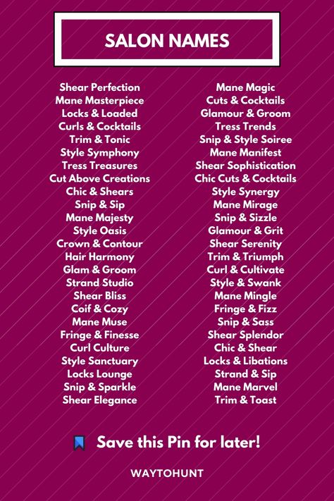 1000+ Salon Business Names You Can Use Nail Salon Business Name Ideas, Names For Hair Page, Names For Salons Ideas, Hair Pages Name Ideas, Names For Beauty Salon, Names For Hair Business, Hair Page Names, Hair Company Names Ideas, Hair Account Name Ideas