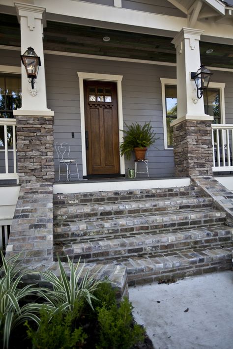 Home exterior details for our mountain home from Cedar Hill Farmhouse. Cedar Hill Farmhouse, Interior Design Minimalist, Stone Steps, Farmhouse Front Porches, Porch Steps, Casa Exterior, Front Porch Decorating, Farmhouse Exterior, Exterior Paint Colors