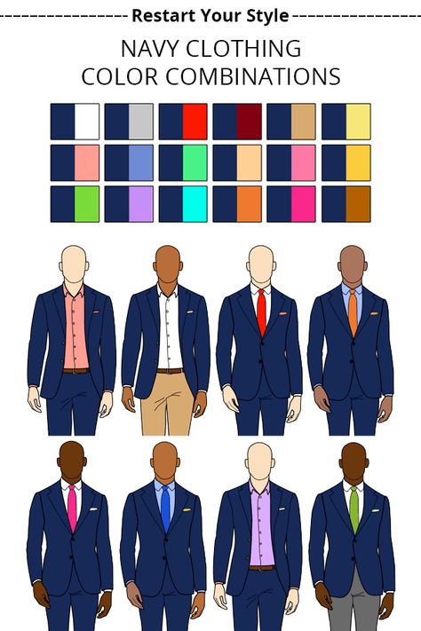 What Colors Go Together? The Best Clothing Combinations Navy Blue Suit Combinations, Color Matching Clothes, What Colors Go Together, Mens Tailored Suits, Vest Outfits Men, Colours That Go Together, Suit Combinations, Blue Color Combinations, Blue Suit Men