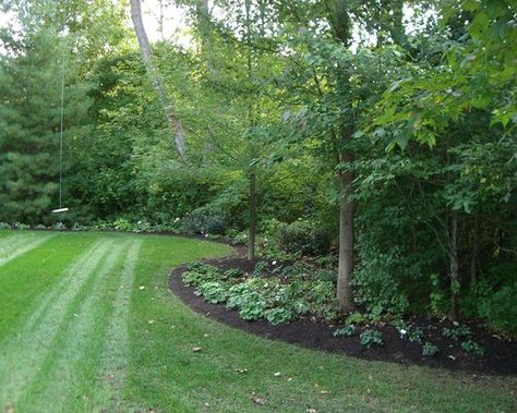 I like the trees and the hostas. i don't even know if this is practical for us right now, since there are no trees? Wood Landscape Edging, Wooded Backyard Landscape, Acreage Landscaping, Large Yard Landscaping, Large Backyard Landscaping, Landscape Borders, Wooded Landscaping, Front Landscaping, Garden Shrubs