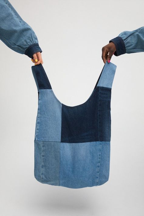 Monki Announces Upcycled Denim Capsule Collection Upcycled Bag, Denim Tote Bags, Upcycle Jeans, Denim Tote, Jeans Bag, Upcycled Denim, Denim Patchwork, Denim Bag, Types Of Bag