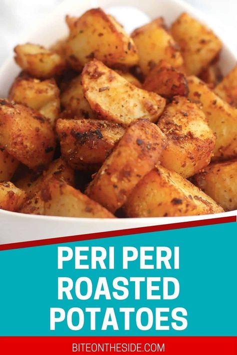 Add some spice to your roasted potatoes with this Portuguese inspired recipe. These peri peri (piri piri) roasted potatoes are simple and easy to make and pack a punch in the flavor department. If you love all things Nando's, you are going to adore this delicious and spicy potato side dish. Peri Peri Potatoes, Portuguese Side Dish Recipes, Portuguese Vegetable Recipes, Portuguese Roasted Potatoes, Spicy Potatoes Recipes, Portuguese Potatoes Recipes, Prego Rolls, Portuguese Potatoes, Portuguese Dishes