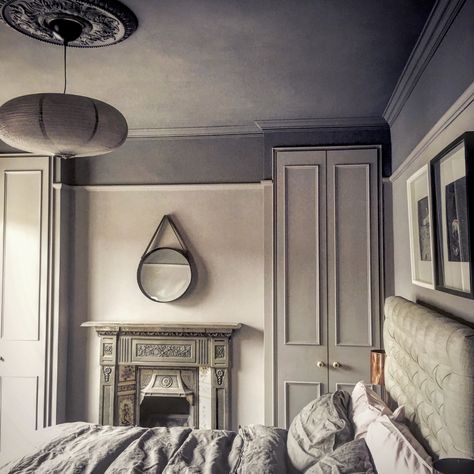 Little Greene Mid Lead and Dolphin Painted Ceiling. London Victorian Terrace Bedroom Inspo @thelittlevic Victorian Terrace Bedroom, Period Bedroom, Terrace Bedroom, Cupboard Ideas, Bedroom Dark, Dolphin Painting, Master Room, Victorian Terrace, Painted Ceiling