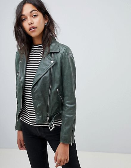 Lab Leather Biker Jacket in Green Green Leather Jacket Outfit, Style Vert, Green Leather Jacket, Jacket Outfit Women, Grey Leather Jacket, White Leather Jacket, Green Leather Jackets, Biker Jackets, Leather Jacket Outfits