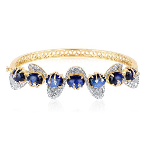 Crafted in 18.90 grams of 14K Yellow Gold, the bracelet contains 236 Stones of Round Natural Diamonds with a total of 1.40 carat in G-H Color and VS Clarity combined with 7 Stone of Oval Shaped Simulant Blue Sapphire with a total of 13.10 carat. Contemporary Fine Jewelry, Yellow Bracelet, Diamond Necklace Designs, Real Gold Jewelry, Real Jewelry, Gold Diamond Jewelry, Discount Jewelry, Cheap Jewelry, Antique Jewellery