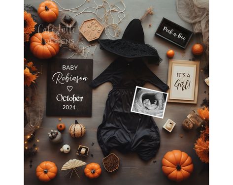 Halloween Girl Gender Reveal, Halloween Girl Pregnancy Announcement, Its a Girl Editable Template, Little Black Witch Dress and Hat, DIY Gender Reveal Halloween, Sweet Phrases, Black Witch Dress, Girl Pregnancy Announcement, Halloween Gender Reveal, Baby Due Date Calendar, Halloween Pregnancy Announcement, Gender Reveal Announcement, Digital Announcement