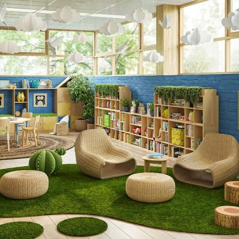 Enjoy the relaxing and inviting textures of GreenSpace™.  Comfortable, casual, and low-maintenance, this vibrant and versatile artificial grass rug can be used to unlock the imagination in any classroom setting!
#21stCenturyClassroom #educational #montessori #feelingnatural #arearug #joycarpets #kidessentials #classroomdesign #artificialgrass Artificial Grass Rug, Daycare Design, Grass Rug, School Interior, Sensory Room, Montessori Classroom, Classroom Design, Library Design, Salou