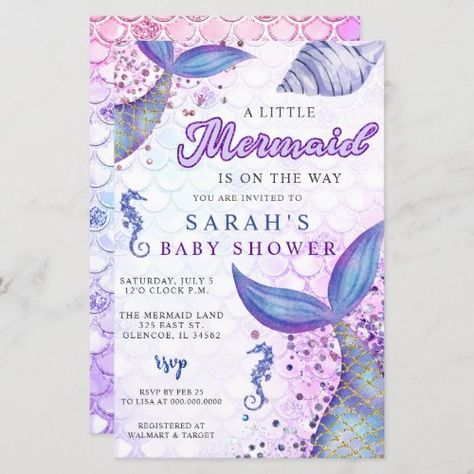 $1.48 | Budget Purple Mermaid Baby Shower Invitation #mermaid, purple, glitter, under the sea, girl, cute, elegant, modern, ocean, pink Purple Baby Shower Invitations, Pink Purple Mermaid Party, Amethyst Mermaid Ring, Mermaid Baby Blanket, Mermaid Baby Shower Invitations, Purple Mermaid, Mermaid Baby Showers, Baby Mermaid, Baby Shower Invites For Girl