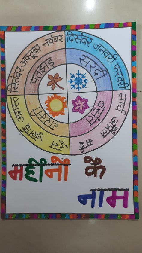 Made by Savita Tomer Hindi Tlm For Class 2, Hindi Activity For Class 4, Hindi Charts For Classroom Decoration, School Photo Booth Ideas, Hindi Chart, Charts For Classroom Decoration, Name Of Months, Calligraphy Writing Styles, Shiva Mantra