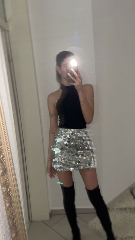 Party Outfit, Silver Party Outfit Silver Skirt Outfit Party, Silver Glitter Skirt Outfit, Silver Party Outfit, Knee Boots Party, Knee High Boots Outfit Party, Silver Skirt Outfit, Glitter Skirt Outfit, Silver Skirt Outfits, High Knee Boots