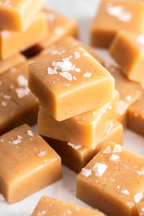 sea salt caramel recipe Sea Salt Caramel Recipe, Caramel Candy Recipe, Caramel Candies Recipe, Salted Caramel Candy, Cashew Brittle, Soft Caramels, Vanilla Bean Cream, Sea Salt Caramels, Peach Dessert Recipes