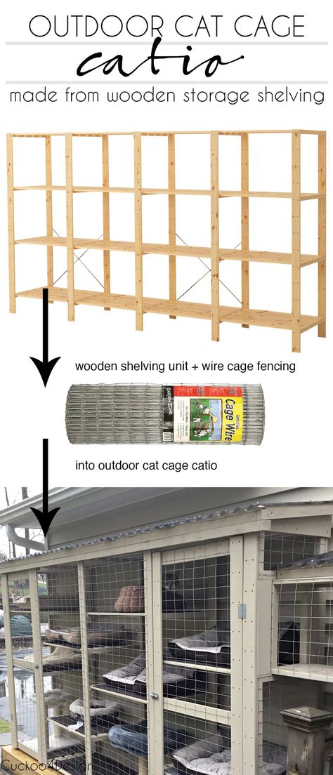 Outdoor Cat Cage Made From Wood Utility Shelving Catio Plans, Diy Cat Enclosure, Katt Diy, Cat House Plans, Katt Grejer, Kat Diy, Cat Patio, Cat Cage, Outdoor Cat Enclosure