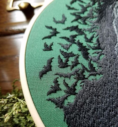 Batman’s Joker is hand embroidered on a dark green cotton fabric, the left side of his face is dissolving into dozens of little bats Joker Hand, Bats Cute, Gothic Embroidery, The Dark Knight Joker, Dark Knight Joker, Blackwork Embroidery Patterns, Cute Ghosts, Diy Wardrobe, Blackwork Embroidery