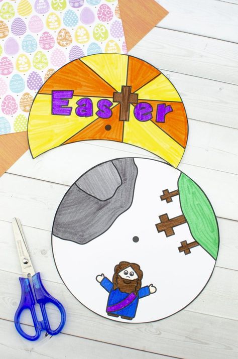 Looking for a fun way to teach your kids about the Easter Story? Then check out this fun and easy Printable Easter Story craft that will explain the Resurrection to your little ones in an interactive way. Find out how to make this Resurrection Easter Craft. #EasterCraft #Ressurectioncraft #Easterstorycraft Catholic Easter Crafts, Easter Story Crafts, Easter Jesus Crafts, Easter Bible Crafts, Easter Story For Kids, Resurrection Crafts, Spinner Craft, Easter Sunday School, Jesus Crafts