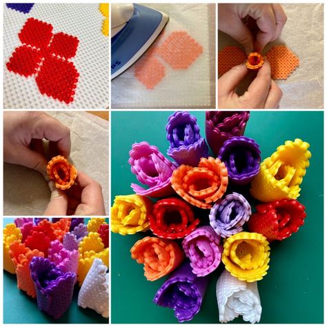 TULIPANY | Perler Bead Flower Patterns, Hama Beads 3d, 3d Perler Bead, Art Perle, Hama Beads Design, Diy Perler Bead Crafts, Perler Crafts, Motifs Perler, Hama Beads Patterns