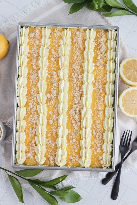 Lemon Bar Sheet Cake with Lemon Curd and Shortbread Crust - Baking with Blondie Orange Sweets, Cake Samples, Lemon Cake Bars, Baking With Blondie, Cake With Lemon Curd, Lemon Treats, Lemon Cakes, Lemon Head, Lime Desserts