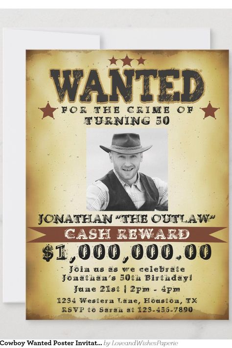 Men 50th Birthday Cowboy Wanted Poster Invitation Western Themed Party Invitations, Wanted Poster Invitation, Cowboy Theme Party For Adults Invitation, Wild Wild West Theme Party Invitations, Wanted Invitation Western, Wild West Birthday Invitation, Birthday Party Design, Love Wishes, 50th Birthday Invitations